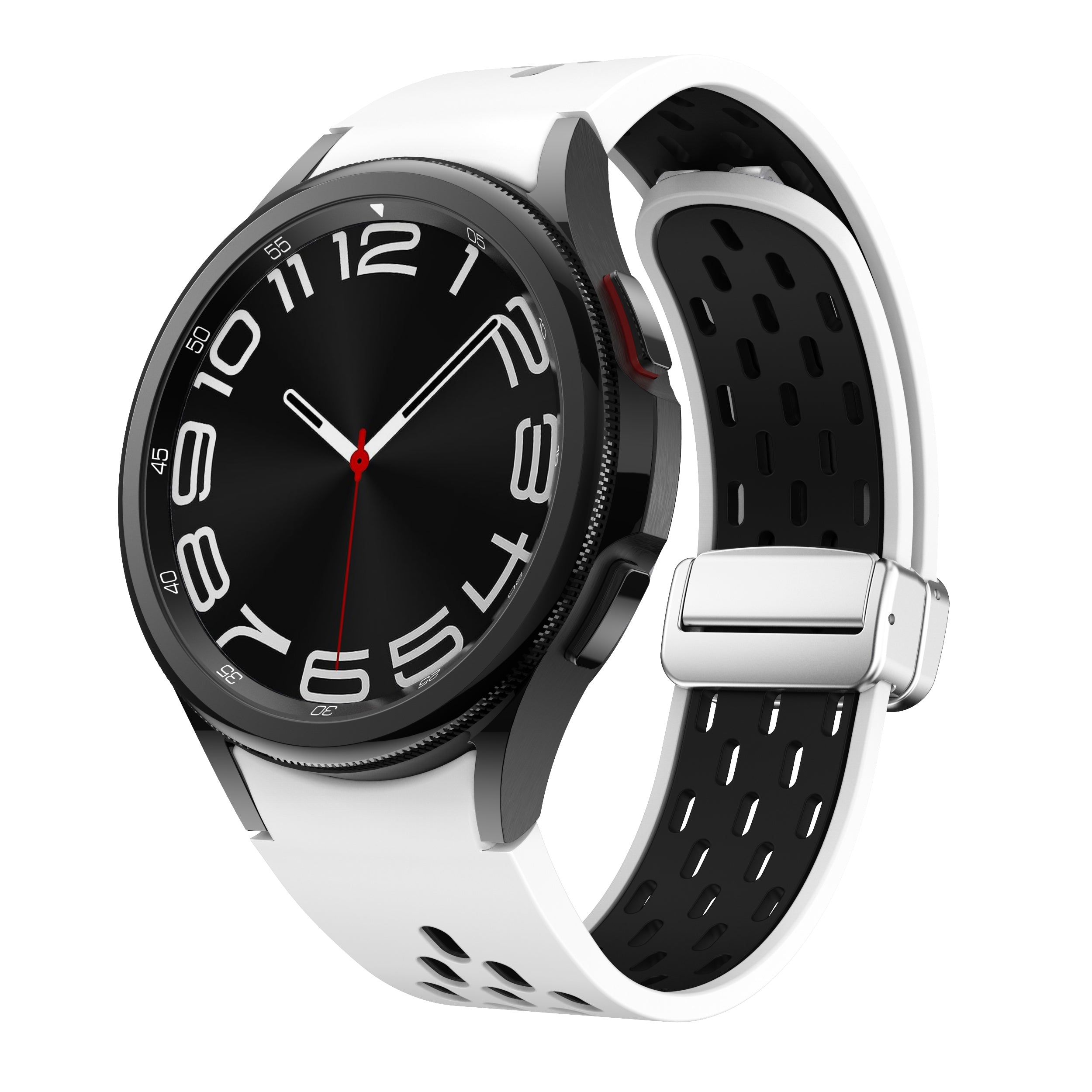 For Samsung Galaxy Watch6 40mm / Watch6 44mm / Watch6 Classic 43mm Watch Strap with Silver Buckle - White+Black For Samsung Galaxy Watch6 40mm / Watch6 44mm / Watch6 Classic 43mm Watch Strap with Silver Buckle - White+Black